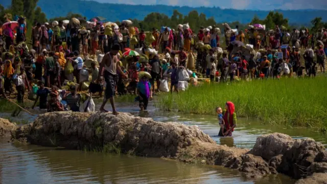 Sekelompok besar etnis Rohingya menyberang perbatasan di Cox's Bazar, Bangladesh