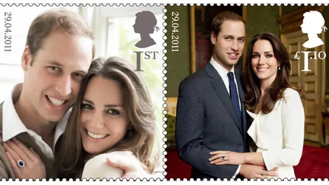 Las estampillas con las fotos e compromiso del príncipe William y Kate Middleton.