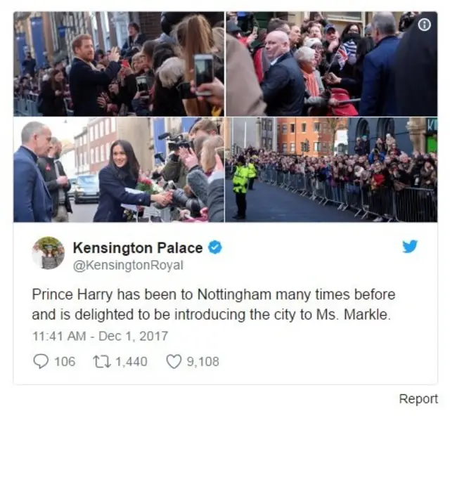 สำนักพระราชวังเคนซิงตันทวีตภาพและข้อความระบุว่า เจ้าชายแฮร์รีเคยเสด็จยังเมืองนอตติงแฮมหลายครั้งและทรงยินดีแนะนำเมืองนี้ให้พระคู่หมั้นได้รู้จัก
