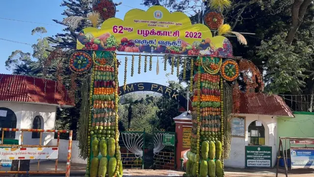 பழங்களால் ஆன ராட்சத கழுகு, பாண்டா கரடி, தாஜ்மகால்