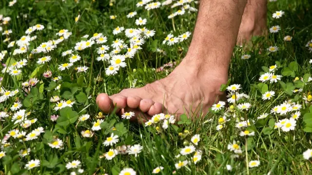 Caminando descalzo sobre la hierba