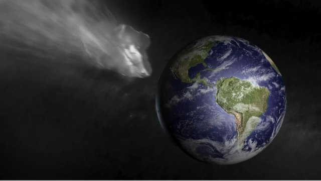 รูปอุกกาบาตสีเทาพุ่งเข้าหาโลก
