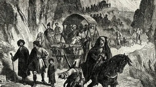 رسم يوضح نزوح الشركس إلى الأراضي التركية في عام 1864