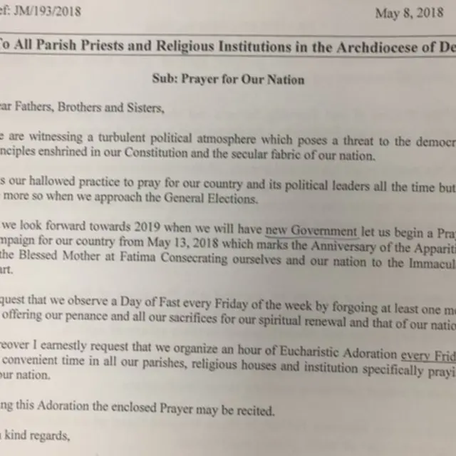 आर्च बिशप अनिल कूटो का ख़त