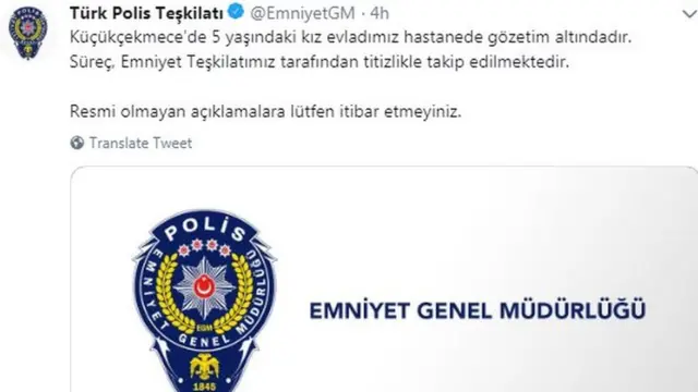 Emniyet Genel Müdürlüğü'nün Twitter hesabından yaptığı açıklama