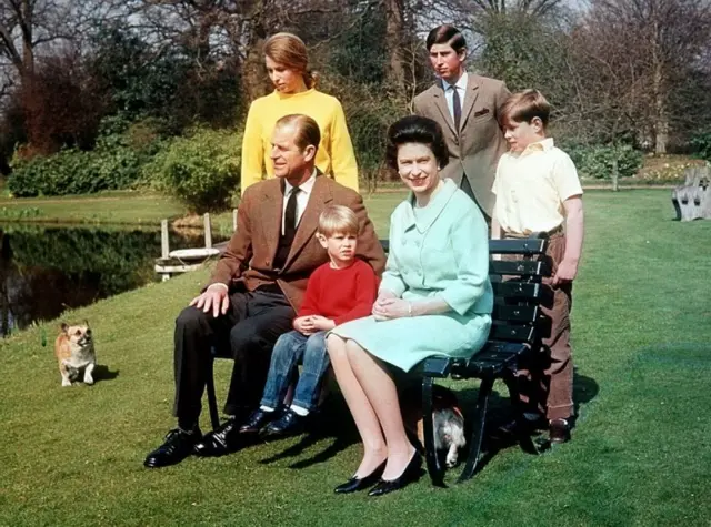 Queen Elizabeth II and Prince Philip with their children (from left) Princess Anne, Prince Edward, Prince Charles and Prince Andrew in the garden of the Frogmore Estate in 1968
