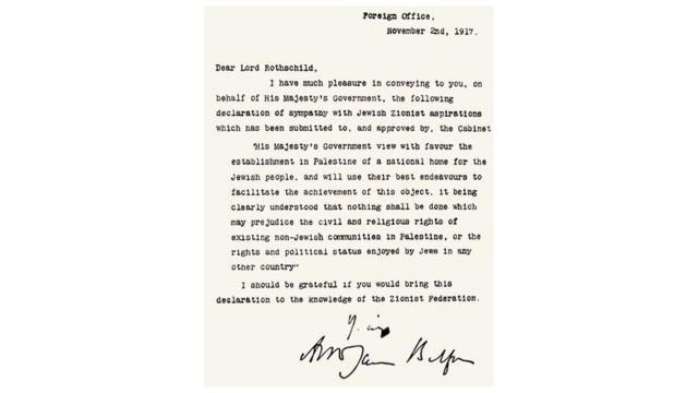 La lettre fait référence à "l'établissement en Palestine d'un foyer national pour le peuple juif".