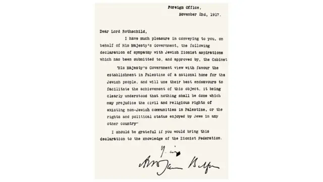 La lettre fait référence à "l'établissement en Palestine d'un foyer national pour le peuple juif".