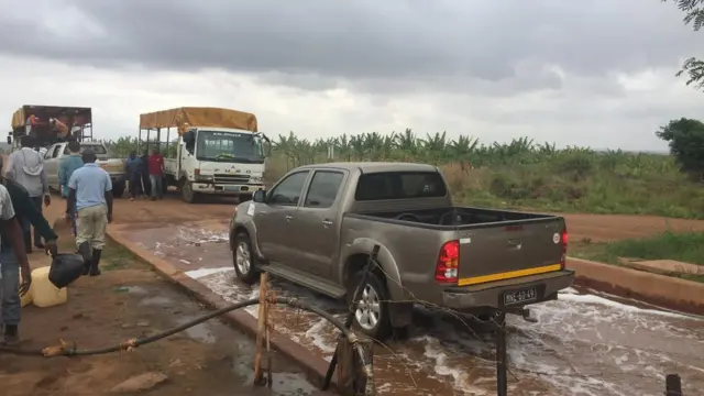 Caminhonete passa por uma piscinadesinfetante