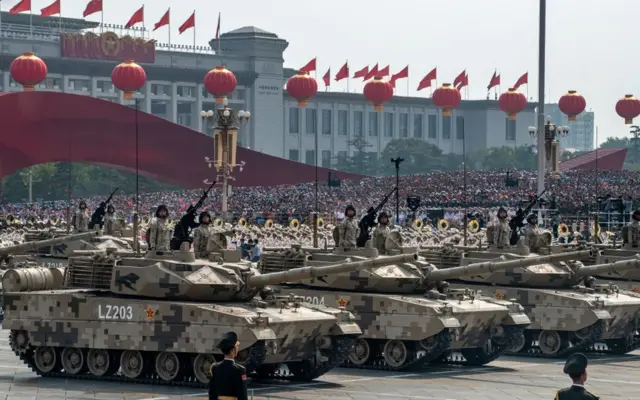 Chinese military parade showcasing formations of troops and advanced weaponry in Tiananmen Square. (co.uk)