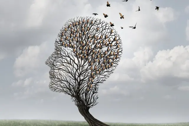 Рисунок, изображающий концепцию потери памяти - дерево в форме голoвы человека, с веток которого постепенно улетают сидящие на них птицы