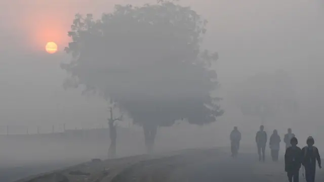 सुबह कोहरे में स्कूल जाते बच्चे