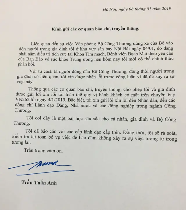 Thư xin lỗi của ông Trần Tuấn Anh