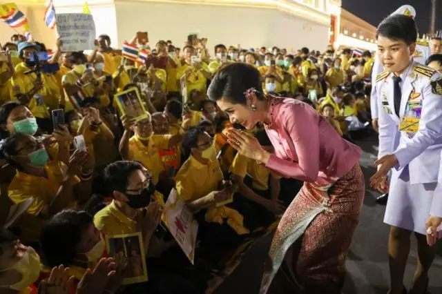 Thailand"s Royal Noble Consort Sineenat Wongvajirapakdi greets royalists, at The Grand Palace in Bangkok, Thailand, November 1, 2020.