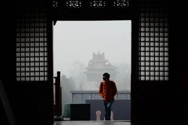 北京故宫内一名男游客在雾霾下带着口罩参观(21/12/2016)