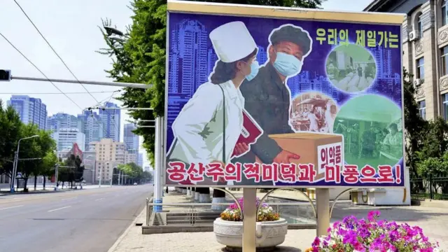 평양 거리에 전시된 의약품 운송 표지판