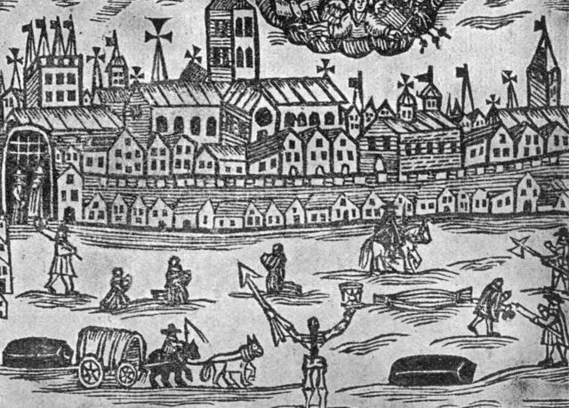 El ángel de la muerte preside Londres durante la Gran Peste, con un reloj de arena en una mano y una lanza en la otra.