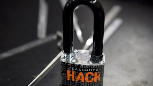 A padlock is displayed at the Alert Logic booth during the 2016 Black Hat cyber-security conference in Las Vegas