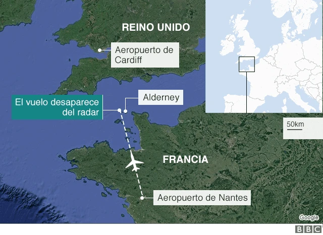 Mapa de la zona en la que desapareció la avioneta en la que viajaba Emiliano Sala