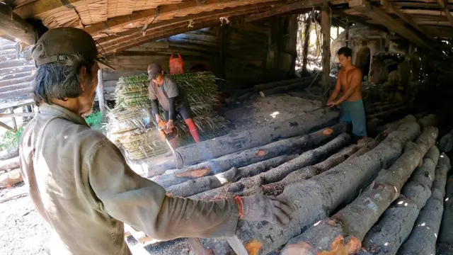 Beberapa pekerja memotong kayu bakau di depan tungku arang milik Nurhadi.