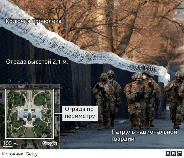 Колючая проволока, забор и патруль нацгвардии в Вашингтоне