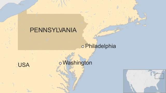 A map showing where the US city of Philadelphia is