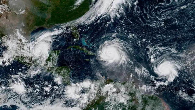 Furacões Irma, Jose e Katia no Caribe, vistos do céu