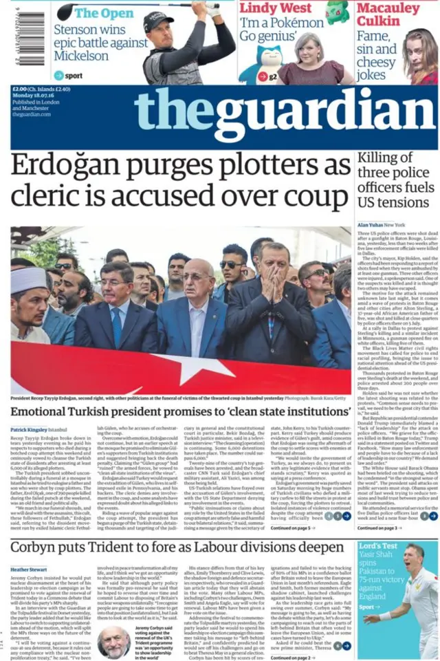 Guardian gazetesi 18 Temmuz manşeti