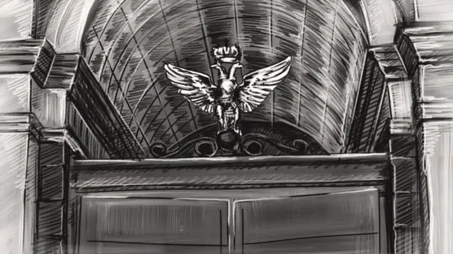 эки баштуу бүркүт тургузулган эстелиги бар дарбаза