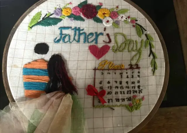 Lingthoingambi made this piece of embroidery as a Father's Day present for Kulajit last year