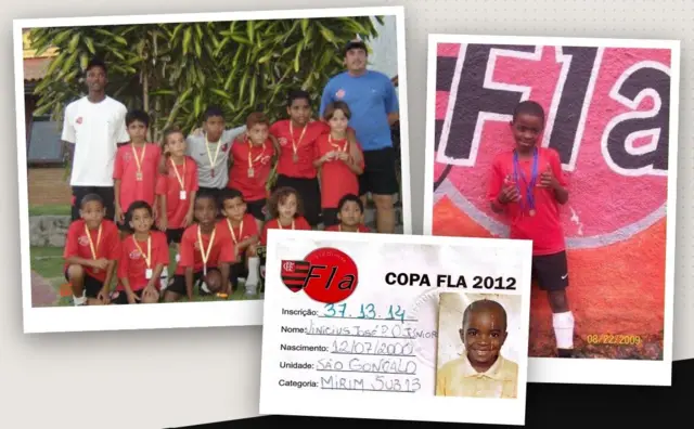 Montagem mostra Vini Jr criança na escolinha de futebol