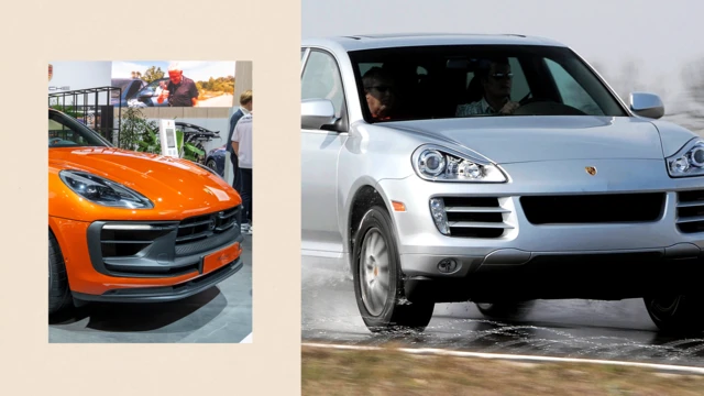 Po lewej stronie znajduje się kompaktowy crossover SUV Porsche Macan, a po prawej Porsche Cayenne Turbo z 2008 roku
