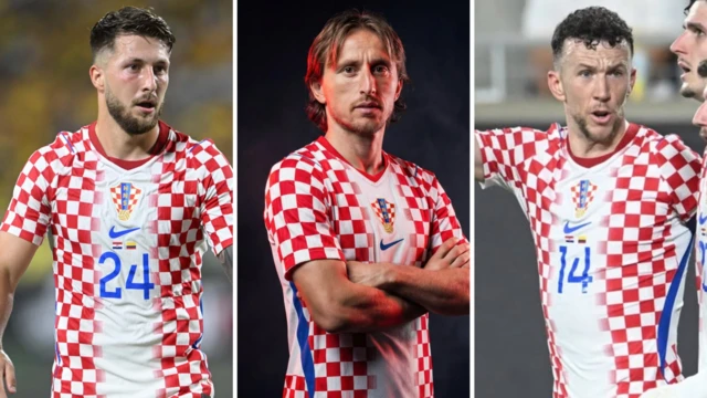 Marco Pasalic (left), Luka Modric (middle) and Ivan Perisic (right) wear 2026 Croatia home kit.