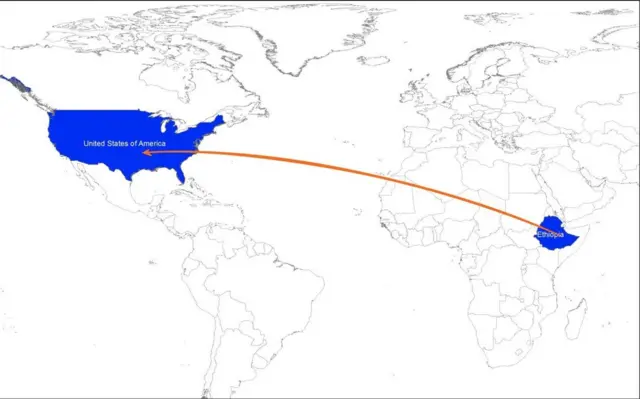 Kaartaa godaansa Itoophiyaa irraa gara Ameerikaatti taasifamu agarsiisuf yaalame