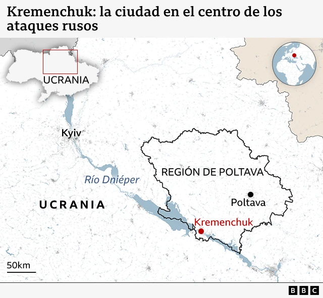 Un mapa con la ubicación de Kremenchuk