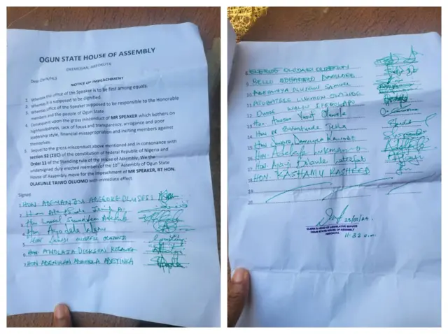 Aworan iwe ti wọn fi yọ Oluomo ni ile igbimọ aṣofin Ogun