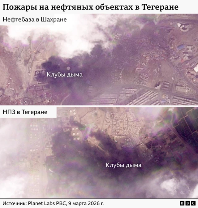 Спутниковый снимок, на котором видно дым, поднимающийся над нефтебазой Шахран и Тегеранским нефтеперерабатывающим заводом.