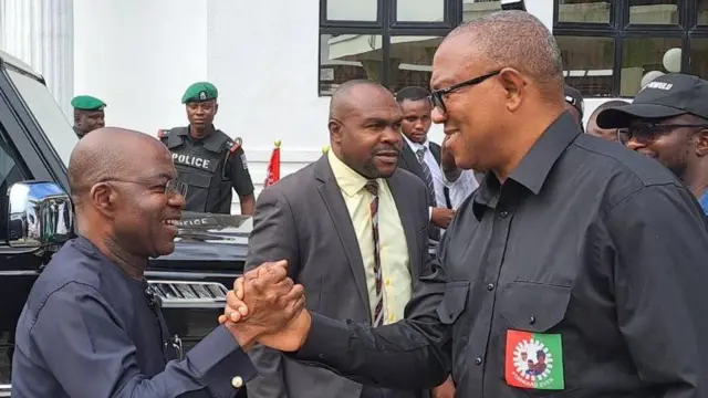 Peter Obi and Governor of Abia State Alex Otti shake hands