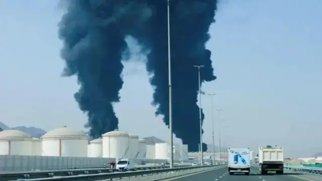 Damage caused by an Iranian drone that crashed in the Fujairah oil field in the United Arab Emirates, March 14