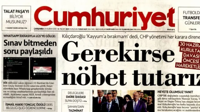 Cumhuriyet gazetesinin 25 Haziran'da yayımlanan birinci sayfası