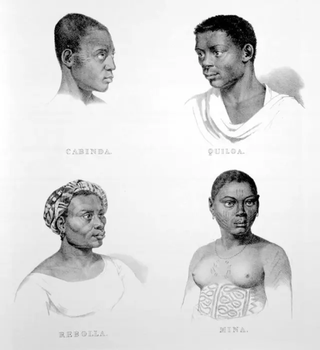 Gravura 'Negros Cabinda, Quiloa, Rebolla - Mina' - 1835 - Johan Moritz Rugendas