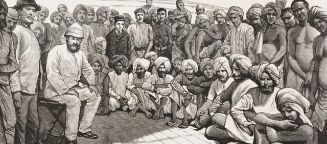 गायानामध्ये डेमेरारा इथे दाखल झालेल्या भारतीय मजूरांचं 1884 सालचं रेखाचित्र