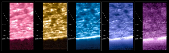 Cinco imagens similares de uma fatia da superfcie solar, cada qual em uma cor brilhante diferente. Da esquerda para a direita: rosa, dourado, azul, roxo e lils.