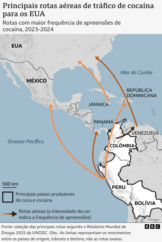 Principais rotas aéreas da cocaína da América do Sul para os EUA