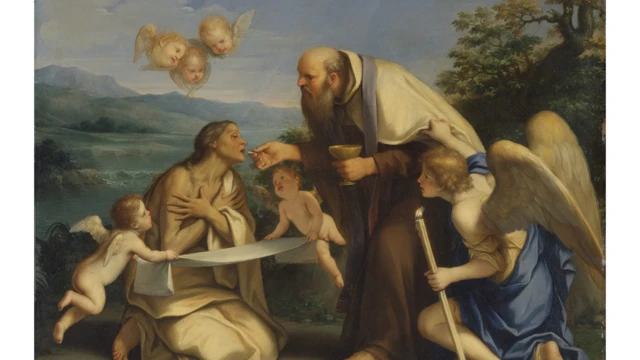 بخشی از نقاشی«آخرین عشای ربانی مریم مصری»، فرشتگان اطراف یک قدیسه هستند که در حال متبرک شدن است