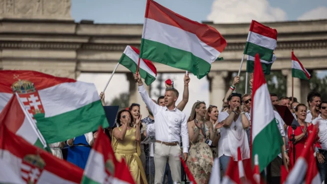 جمعیتی با در دست داشتن پرچم مجارستان تجمع کرده‌اند