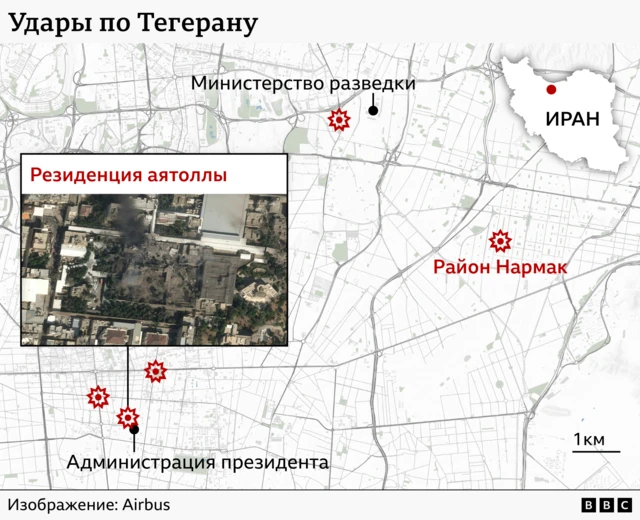 Карта ударов по резиденции Хаменеи
