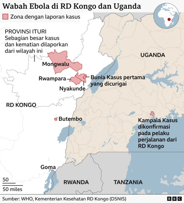 Peta RD Kongo, Uganda, Sudan Selatan, Tanzania, dan Angola
