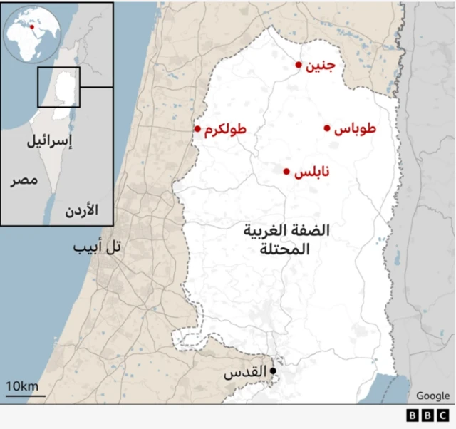 خريطة تظهر مدن جنين وطولكرم ونابلس وطوباس، حيث نفذت القوات الإسرائيلية غاراتها