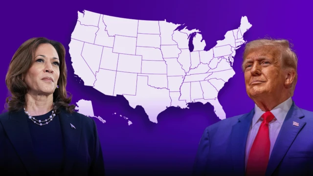 Kamala Harris y Donald Trump con un mapa de Estados Unidos en el centro